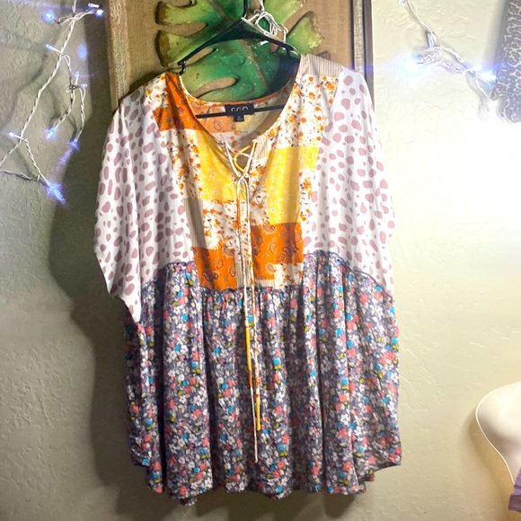 Gigio Tops - Women’s bohemian cottage core lace up neck, baby doll flowy tunic top